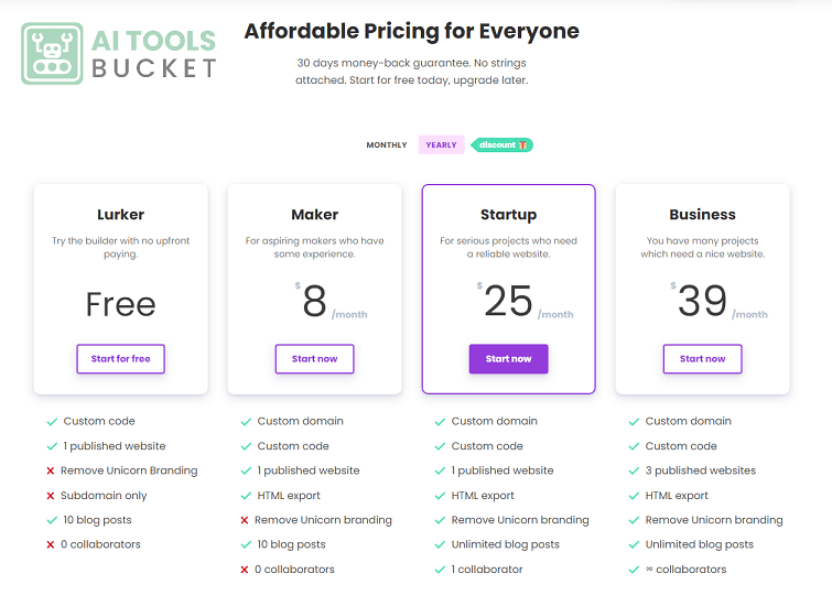 Unicorn Platform AI Pricing