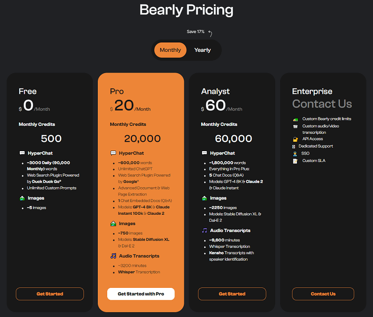 Bearly pricing plans