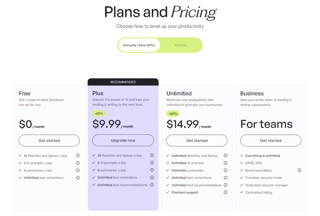 Wordtune Pricing Plans Wordtune Pricing Plans