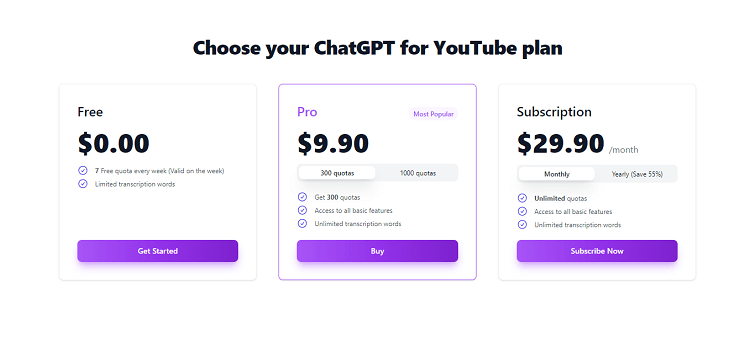 ChatGPT for YouTube Pricing Plans